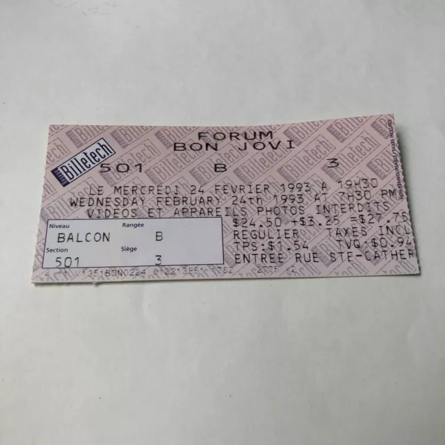 Bon Jovi Montreal Forum Rock Band Concert Tour Ticket - February 24 1993
