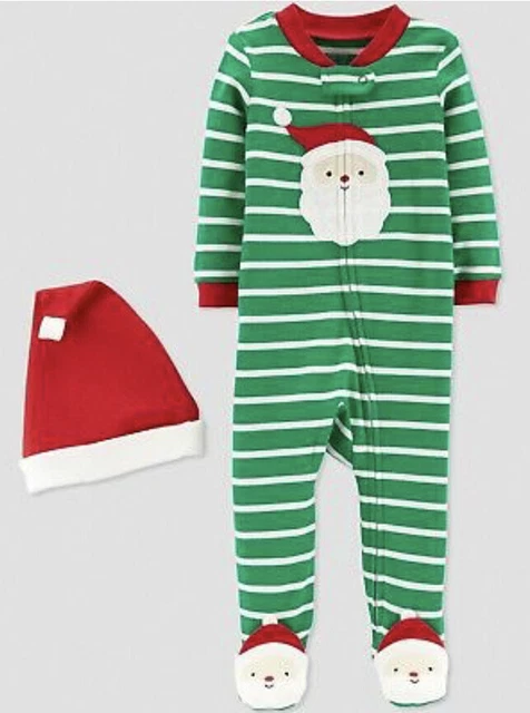 Carters Baby Boy Infant Striped 2Pc Set Sleeper PJ’s Santa Hat Sz 6Mo Christmas
