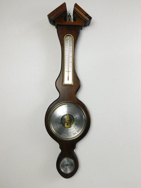 MCM BAROMETER Weather Station Mid Century Milford Guild England Wood 31" Banjo