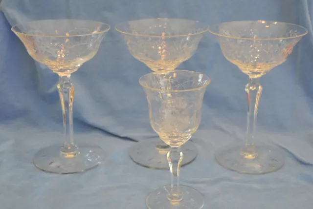 Antique Hand Blown Crystal  Etched 3 size Stemware  Lot of 6