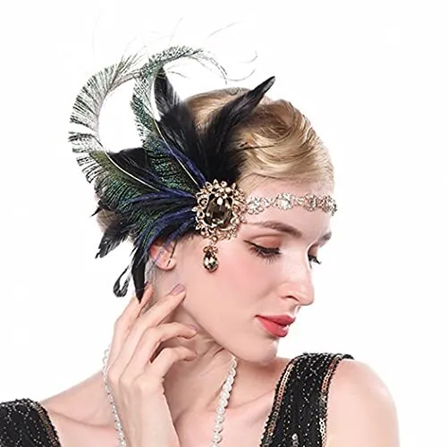 Flapper Roaring Feather Headband Peacock 1920s Gatsby Crystal Headpieces Party T