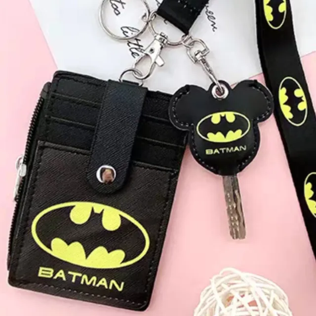 Batman Faux Leather Zip Pocket ID Badge Holder 18" Lanyard + Key Cap Cover