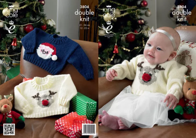 KING COLE Weihnachtsstrickmuster BABY Rudolph, Weihnachtsmann Pullover DK 3804