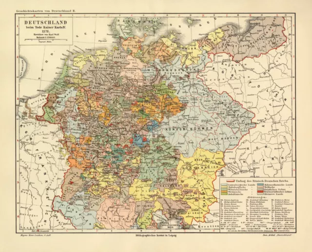 Deutschland beim Tod Kaiser Karls IV. antike Landkarte Lithographie ca. 1904