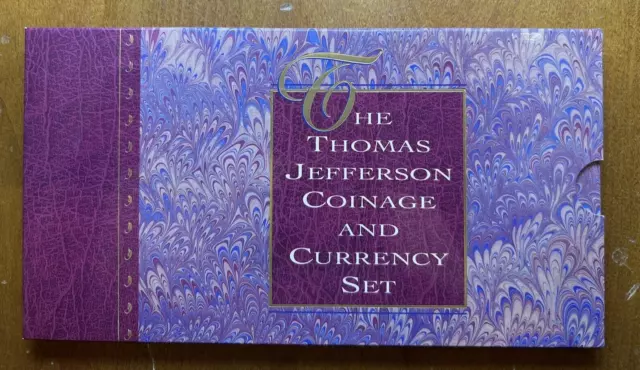 1993 Thomas Jefferson Coin And Currency Set Silver Dollar, $2, Nickel OGP/COA