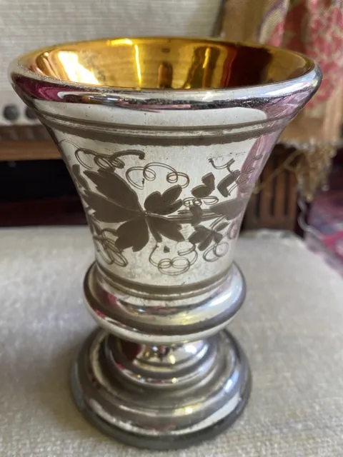 Victorian Antique Mercury Glass Murano Compote Pedestal Silver&gold Cup Flowers 2