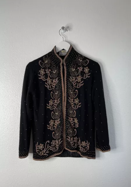 Vintage 1950s/60 Black Gold Lambswool Angora Hand Beaded Cardigan Sweater Size M