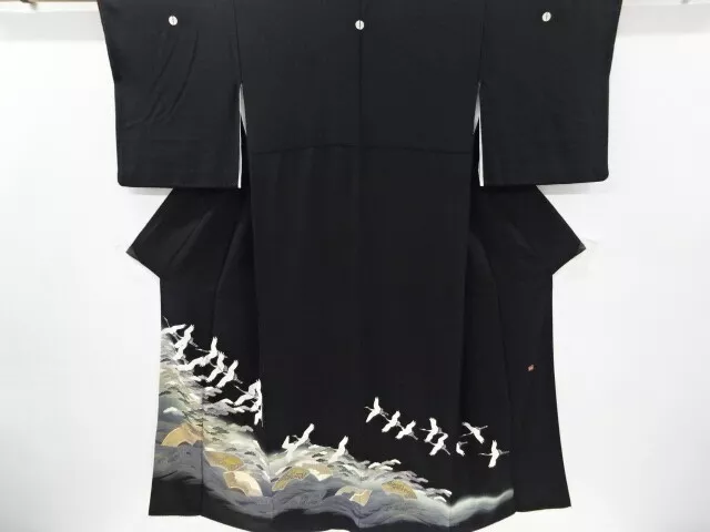 82978# Japanese Kimono / Antique Tomesode / Embroidery / Cranes & Pine
