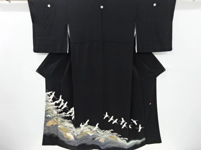 82978# Japanese Kimono / Antique Tomesode / Embroidery / Cranes & Pine