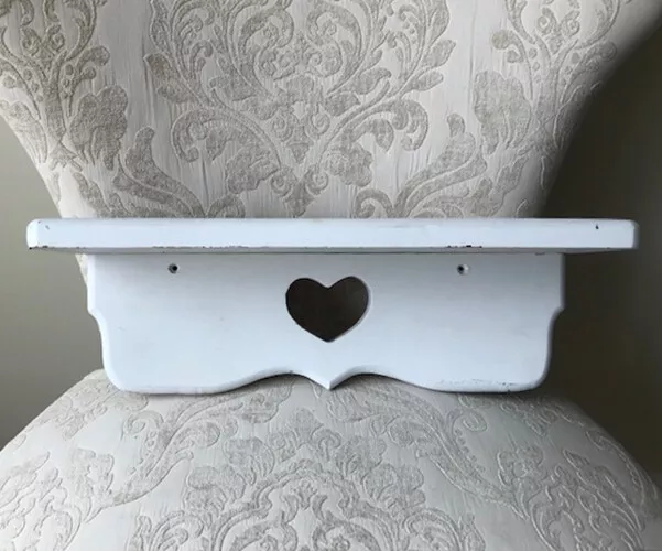 16" x 4.5" x 5" Vintage Shabby Chic Solid Wood White Wall Shelf Heart Cut Out