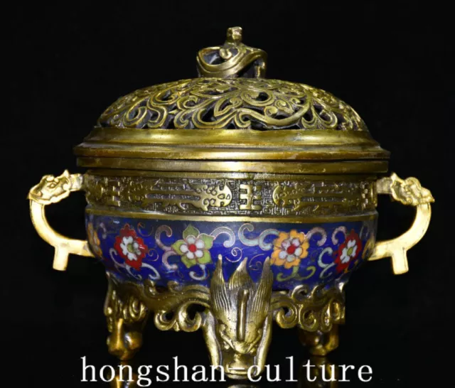 6 "Ancien Xuande Année Cloisonné Émail Doré 3 Jambes De Tête De Dragon Encensoir