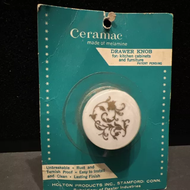 Vintage Ceramac White Melamine Cabinet Drawer Pull Knob NOS Floral 311