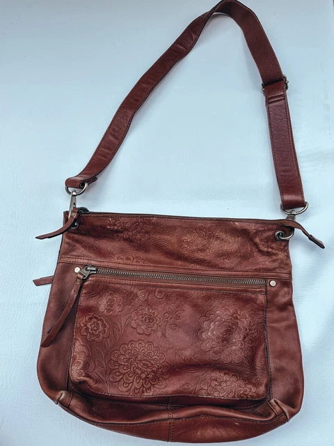 Fossil Embossed Tooled Leather Crossbody Purse Boho Floral Vintage Line Brown
