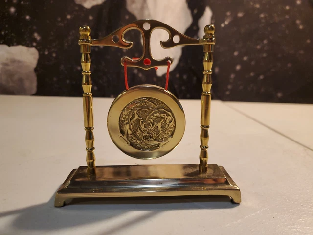 Solid Brass Miniature Gong Bell Decorative Vintage 5”x 5"
