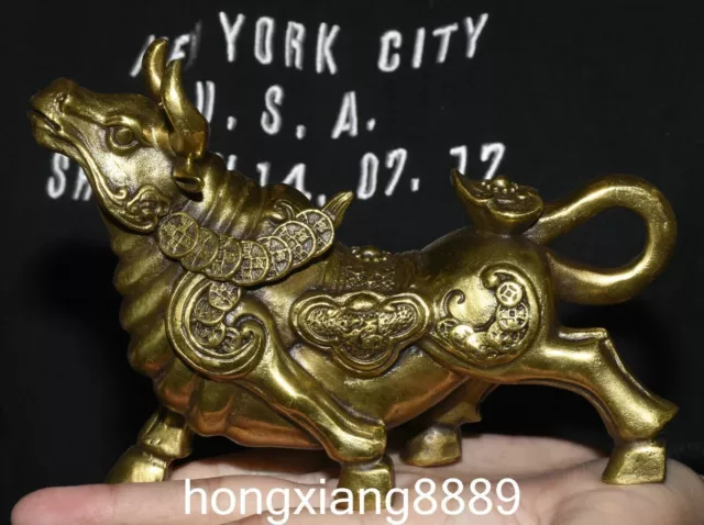 Chinese Pure Bronze Fengshui Coin Wealth Money Bull Cattle Oxen Animal Statue