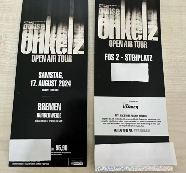 2x Böhse Onkelz Tickets BREMEN 17.08.2024 FOS 2 Stehplatz