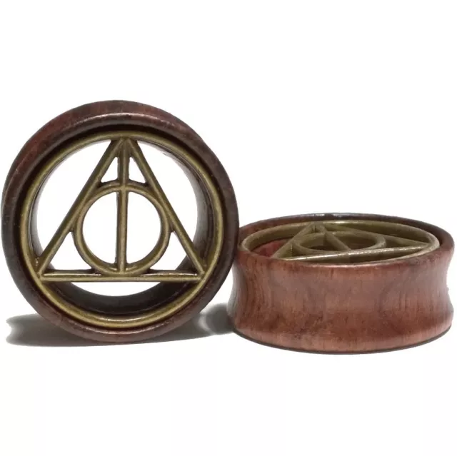 Pair of Wood Ear Tunnels w/Brass insert Gauges Plugs Earrings - Deathly Hallows