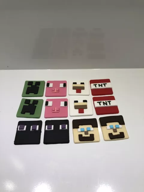 12x MINECRAFT CUPCAKE TOPPER FONDANT, ICING SUGAR EDIBLE BIRTHDAY PARTY CAKE