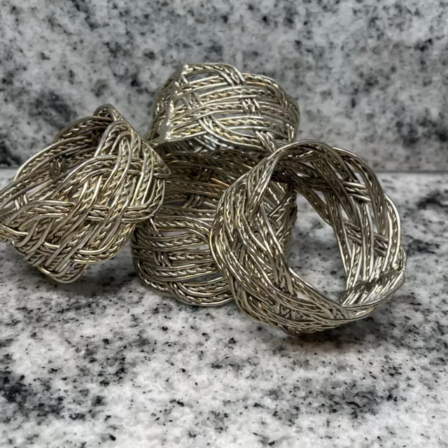 Napkin Rings Silver Tone Weave Pattern Metal Set Of 4