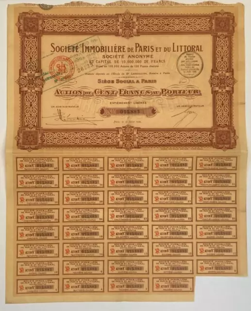 Vieux Papier Action 100 Francs Société Immobilière Paris et Littoral 15883 1924