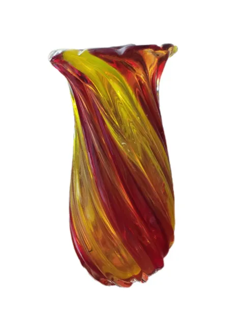 Vtg HTF Teleflora Hand Blown Swirl Red And Yellow Glass Art Jar Vase Large Heavy