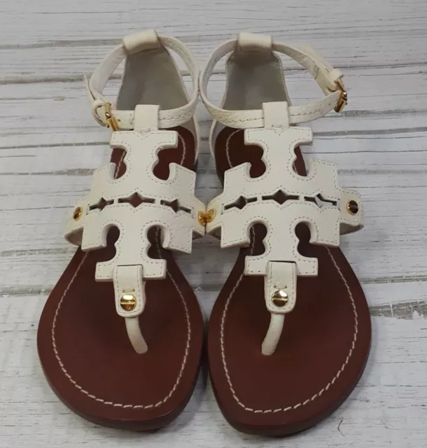 Tory Burch Phoebe Flat Thong Sandals Ivory White Leather Miller Logo