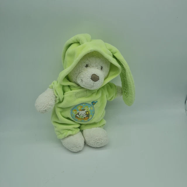 51 - Doudou Peluche Ours Capuche Lapin  Vert Nicotoy Simba Blanc  Exc État