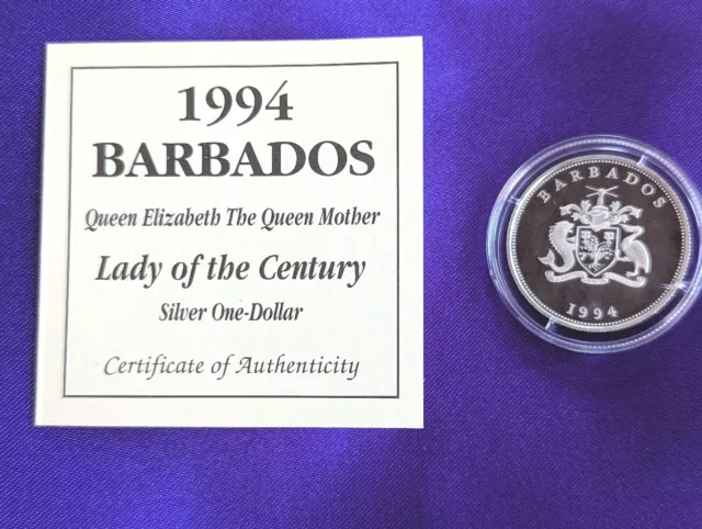 Silver Proof Barbados Queen Mother One Dollar Coin Bullion 1994 Mint