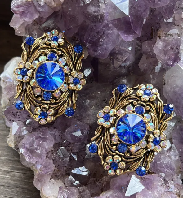 Vintage Gold Tone Signed MADE IN USA Blue Rhinestone Clip Earrings