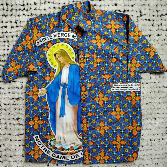 Religious Chitenge Shirt Large Blue Virgin Mary French Catholic Snap Button