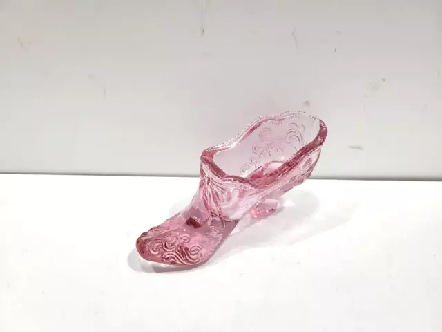 Vintage Mosser Light Pink Glass Shoe Slipper with Bow & Beaded Rim Scroll Design