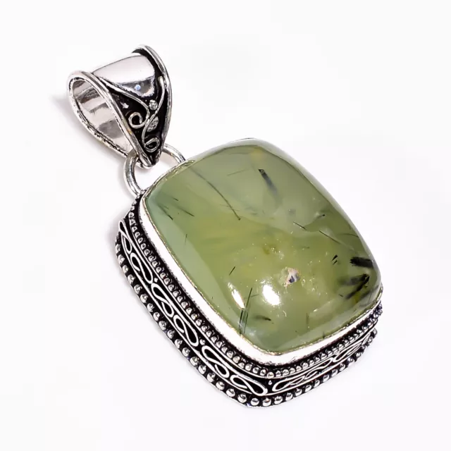 Pendentif vintage en argent sterling 925 pierre précieuse Prehnite fait à...