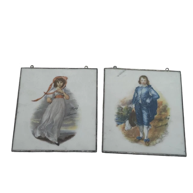 Antique Pinky and Blue Boy Porcelain Hanging Wall Tile Decor Victorian Metal