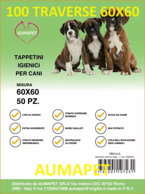 TAPPETINI IGIENICI 60x60 PER CANI TRAVERSE ASSORBENTI PANNOLINI CANE 100 PZ. AUM