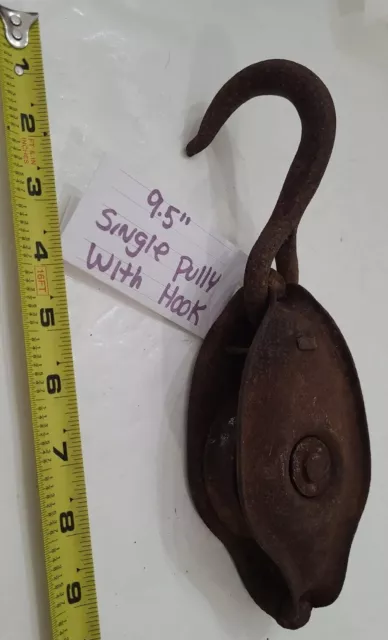 Metal Pulley Hook pully Wheel 9.5" Industrial Block Barn Farm vintage Old Tool