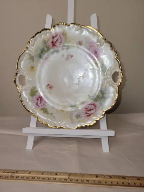 Vintage Made in Bavaria Two Handled Cake Plate Pink Roses Luster 9-1/2"