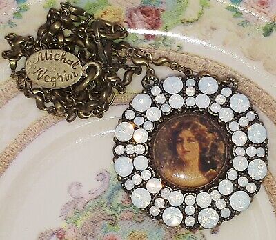 Michal Negrin Pendant Necklace Cameo Round Floral Victorian w/ White Crystals