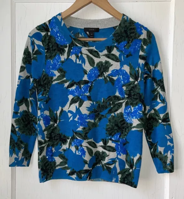 J.Crew Blue Floral Sequins Merino Wool Sweater Size XS