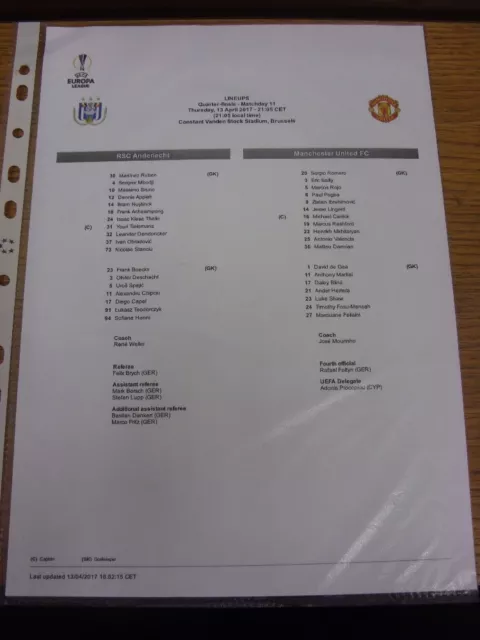 13/04/2017 Colour Teamsheet: Anderlecht v Manchester United [UEFA Europa League]