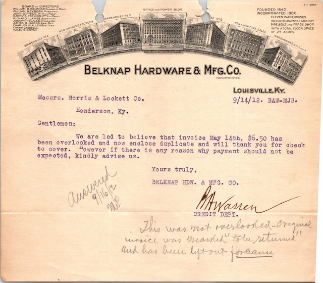 Belknap Hardware & Manufacturing Co Louisville KY 1912 Billhead