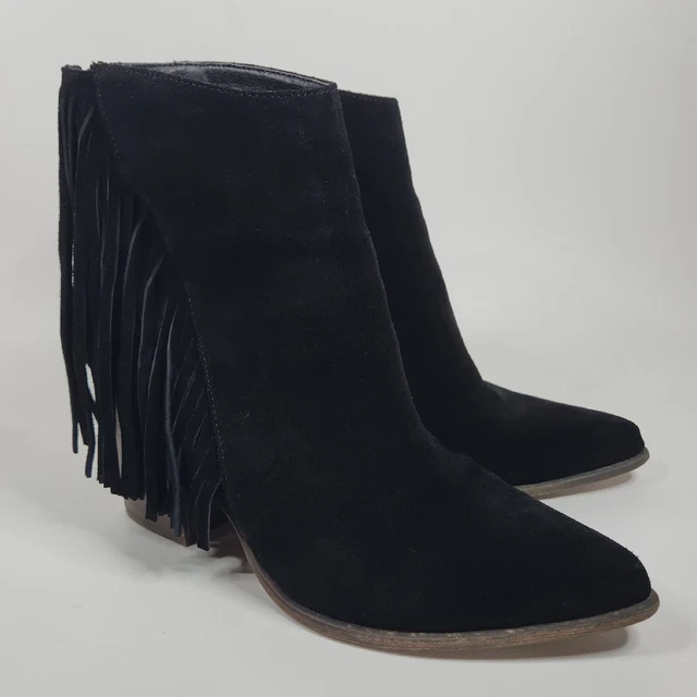Steve Madden Countryy Women's Fringe Pointed Toe Booties Boots Sz 9 Suede Black