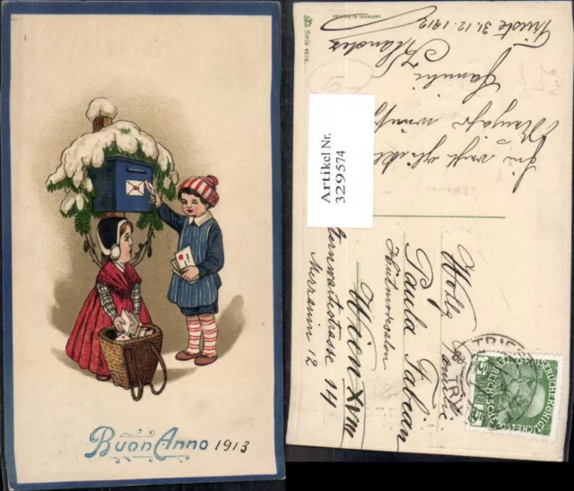 329574,Präge Litho Kinder m. Briefe Briefkasten Korb Winter Postwesen