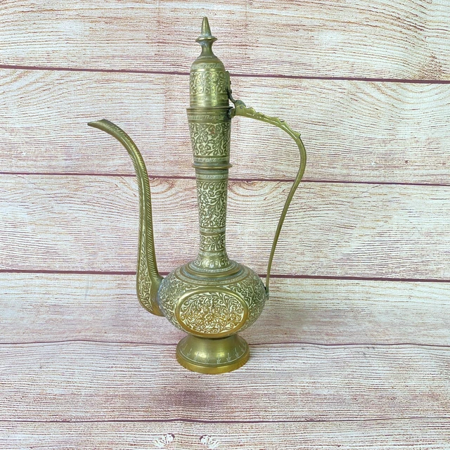 Vintage MCM Etched Floral Inlay Brass Coffee Tea Pot Pitcher From India 11.75"