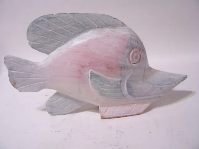 Hand Painted Carved Wooden Wood Tropical Angel Fish Figure Pastel Pink Blue 10X6