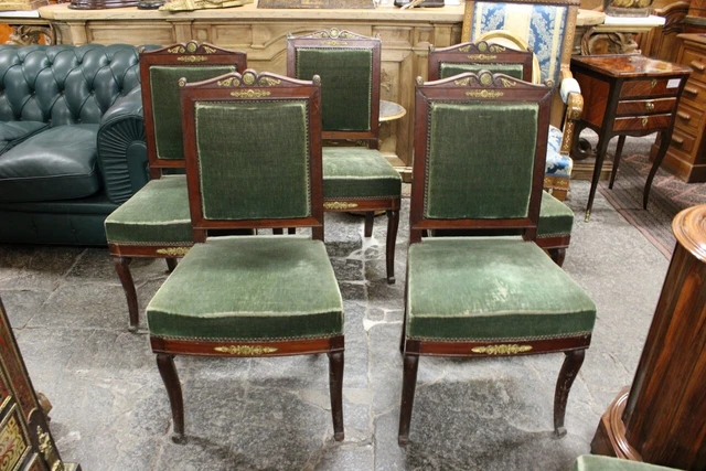 Grupo De 6 Antigua Sillas Imperio En Caoba Frisos En Bronce Dorado Época 800