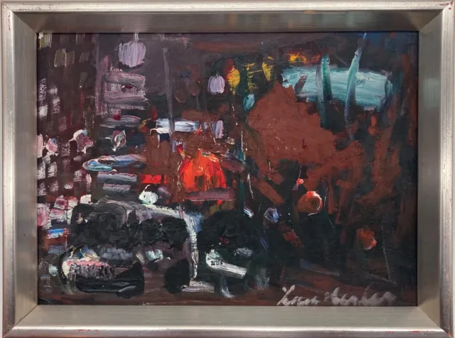 Ölbild Expressionist Lars Herder Schweden Stadtansicht mit Autos im Abendlicht