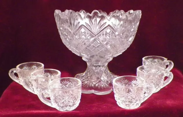 Flattened Diamond & Sunburst Toy Punch Bowl Set Westmoreland Clear Glass Antique