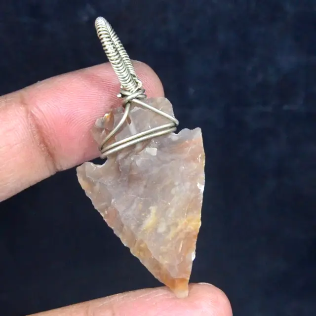 Natural Arrowhead Crazy Lace Agate Silver Wire Wrap Pendant Handcrafted Jewelry