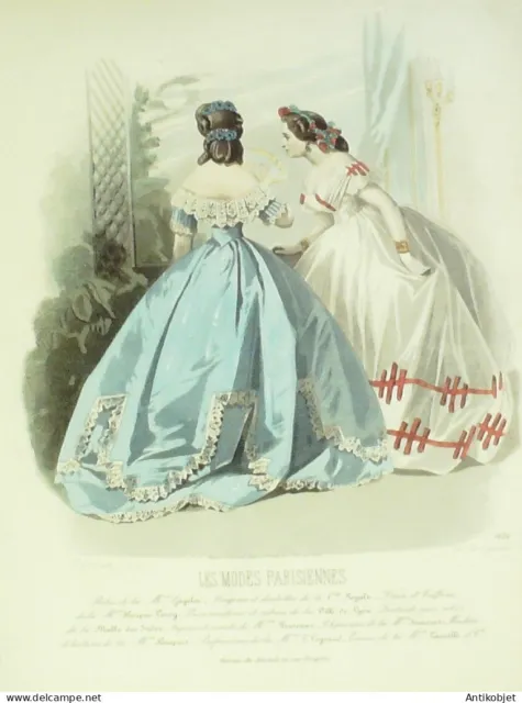 Gravure Modes parisiennes 1864 n°1124 Robes de satin & Perkale brodé garni