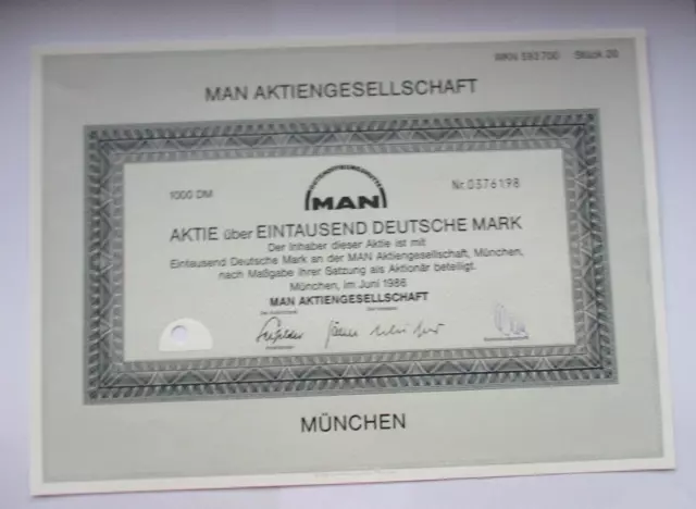 W(103) MAN  1  Aktie zu 1000 DM, Juni 1986 , Sammlerstück, entwertet